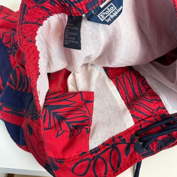 Vintage Polo Ralph Lauren Red Navy Floral Swim Trunks L (33" Waist) - Picture 4 of 9